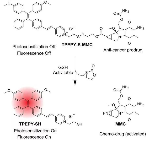 TPEPY-S-MMC的化學(xué)結(jié)構(gòu)，以及藥物和光動(dòng)力學(xué)機(jī)理